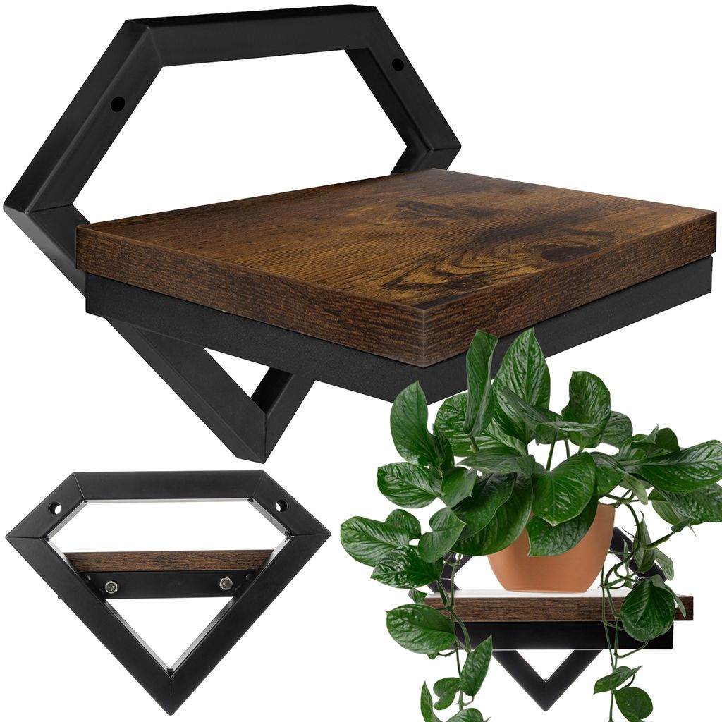 Collage of two wall shelves, one with a plant on it.
