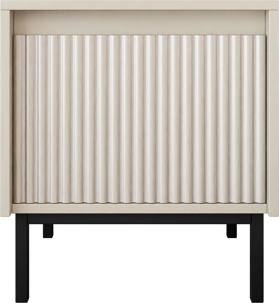A front view of a nightstand with a fluted drawer front and black legs.