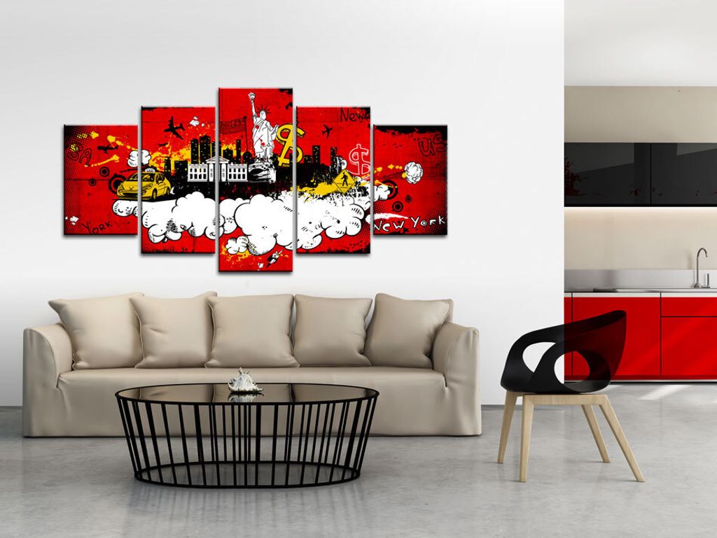 Akustikbild New York 200x100 cm Bilder Akustikschaum Hochleistungsschallabsorber Schallschutz Leinwand 5 tlg Wandbild Raumakustik Schalldämmung d-...