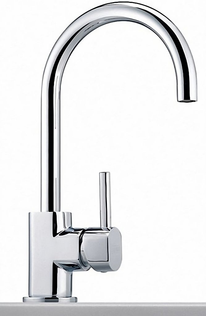 A close-up studio shot of a chrome kitchen faucet.