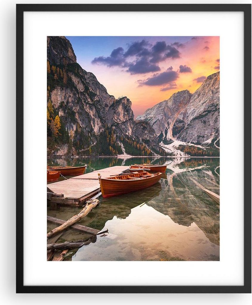 Gerahmtes Poster - Schwarzer Rahmen - Boote Berge See - 40x50 cm - Wand Bild - Wanddeko - Wandbilder - Kunstposter - Wandposter - Bilderrahmen - Bi...