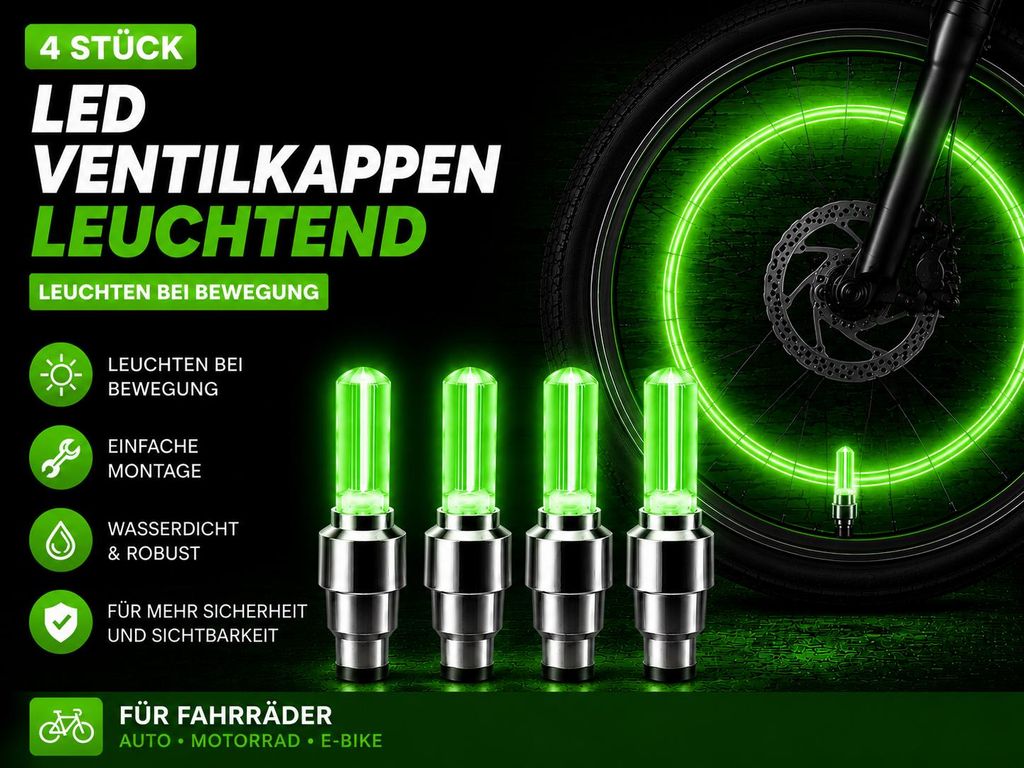 4x LED Ventilkappen Grün für Fahrrad – Leuchtende Produktbild  KI-generiertes Bild
