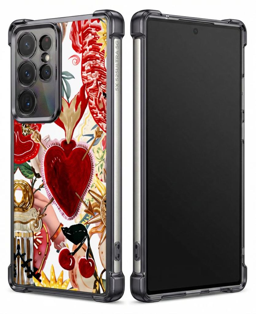 Personalisierte Hülle mit Bild für Samsung Galaxy S23+ Elektroplattiert TPU Stoßdämpfer Handyhülle mit Herzblumen Kirschen Schlüssel Sonne