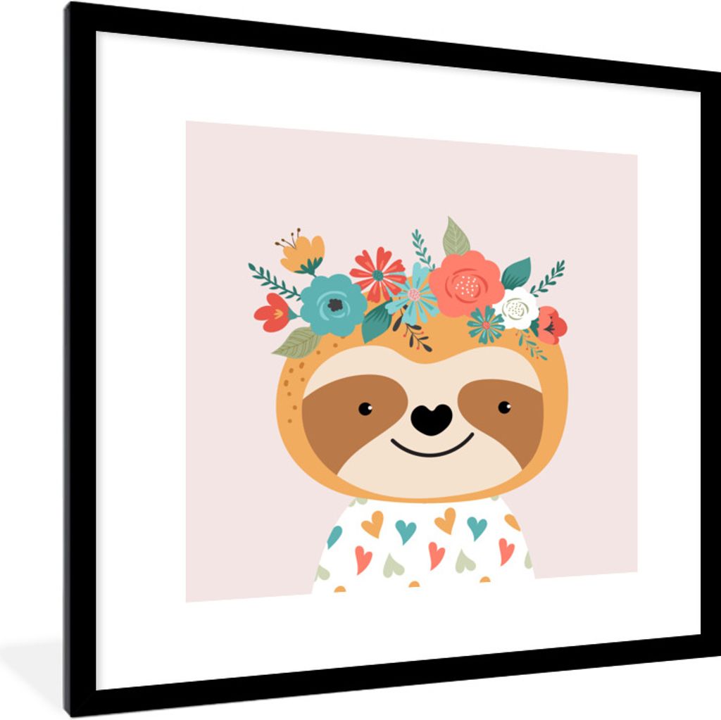 MuchoWow Gerahmtes Poster Faultier - Blumen - Pastell 40x40 cm - Poster mit Schwarzem Bilderrahmen Wandposter Rahmen Foto Bilder - Poster - Plaka...