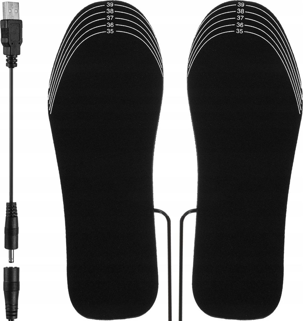 A pair of black heated insoles with a USB charging cable and adapter.