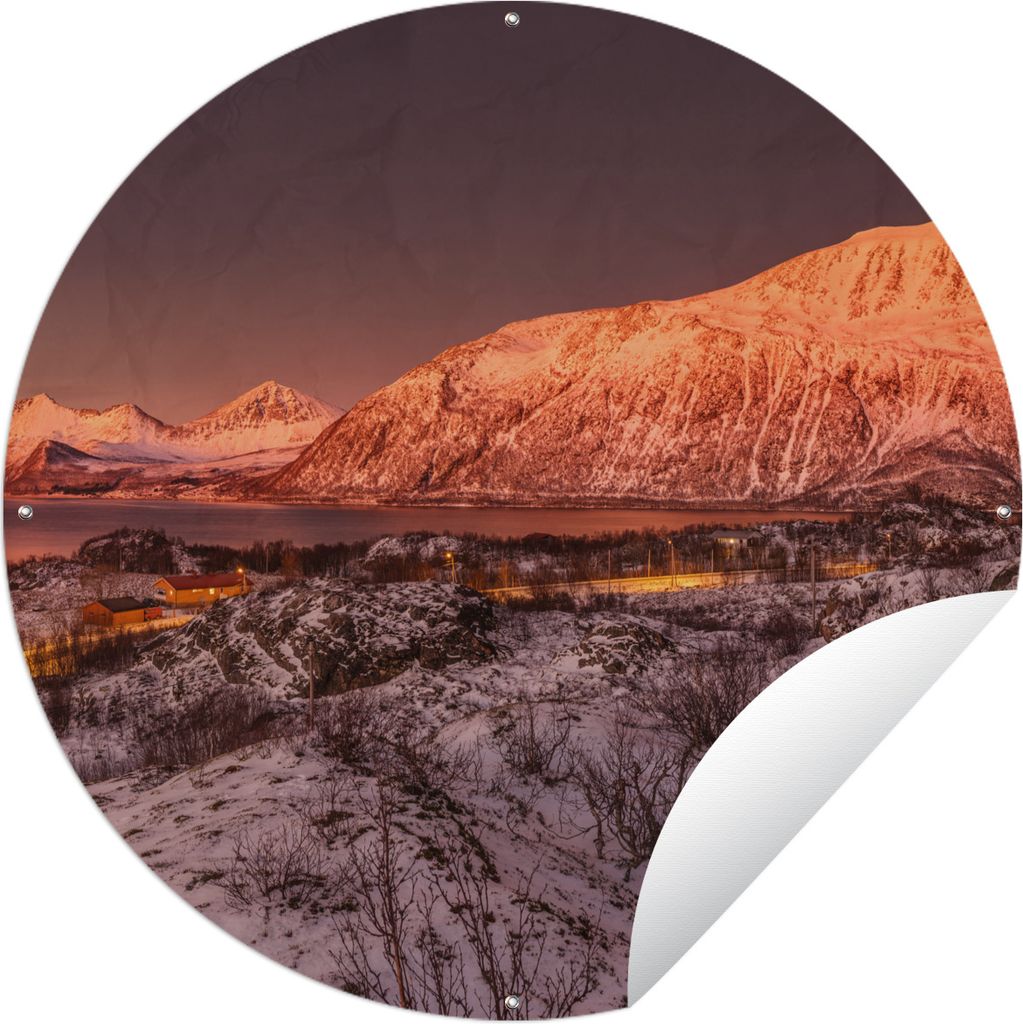 MuchoWow Gartenposter Outdoor-Poster Rund Arktischer Sonnenuntergang über Kvaloya Ø 90 cm Gartendeko Rundes Poster draußen