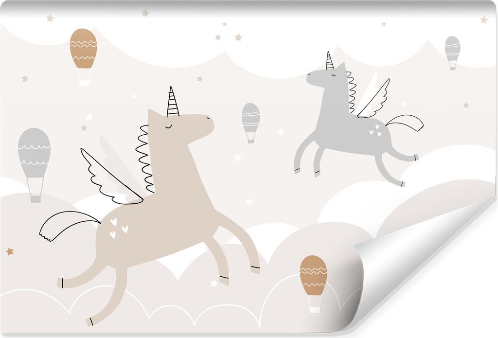 Muralo Selbstklebende Fototapete EINHÖRNER Luftballons Sterne Wolken Kinderzimmer Br. 416cm x Hö. 290cm