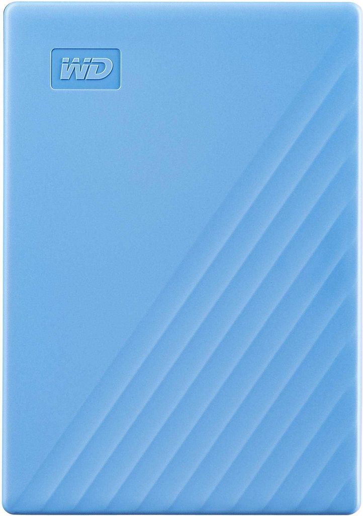 A blue Western Digital My Passport external hard drive is shown from the front on a white background.
