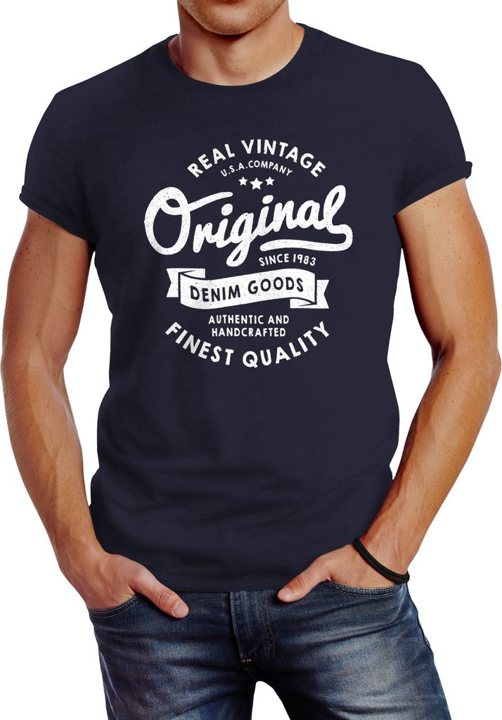 cooles Herren T-Shirt Original Denim Goods Vintage Druck Original Slim Fit Neverless navy M