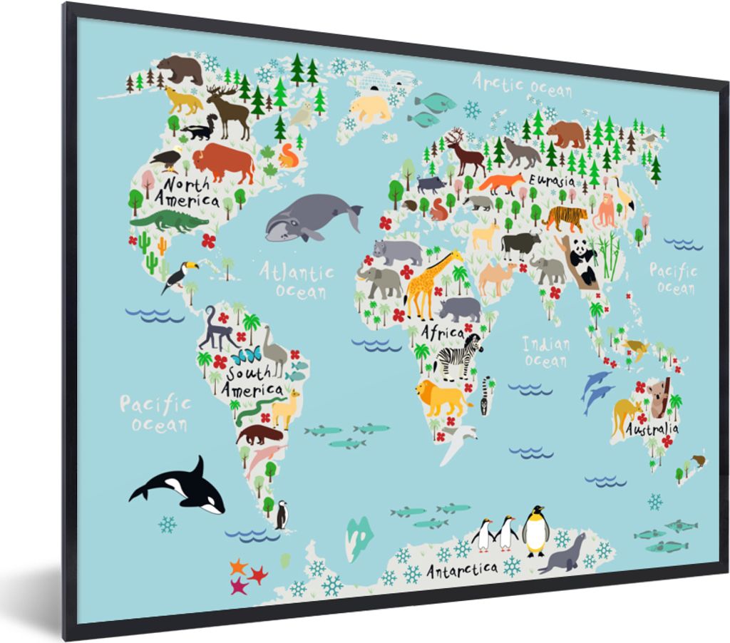 MuchoWow MuchoWow Gerahmtes Poster Welt - Karte - Kinder - Tiere - Blau - Jungen 80x60 cm - Poster mit zchwarzem Bilderrahmen - Schwarzem - Mit...