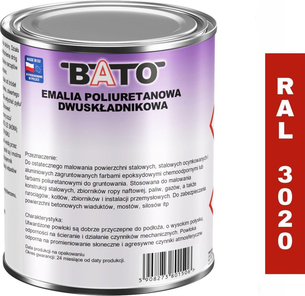 ZWEIKOMPONENTEN-POLYURETHAN-EMALIE ROT RAL 3020 A 1 L (0,8 L Farbe + 0,2 L Härter)