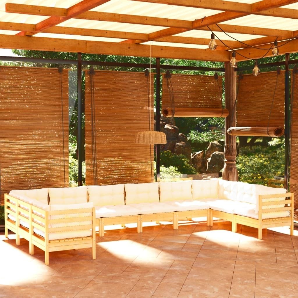 The Living Store 10-tlg. Garten-Lounge-Set mit Creme Kissen Kiefernholz