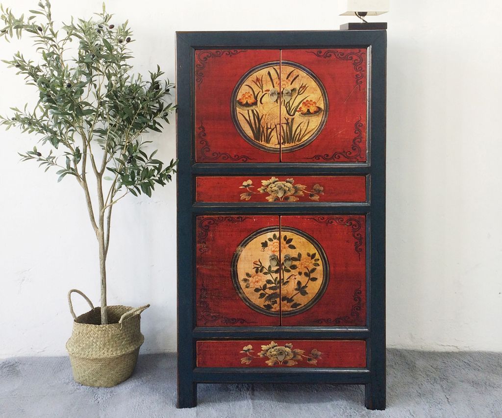 OPIUM OUTLET chinesischer Vintage Schrank Hochzeitsschrank rot-schwarz, Kommode Landhaus-Stil Möbel asiatisch orientalisch chinesisch für Schlafz...