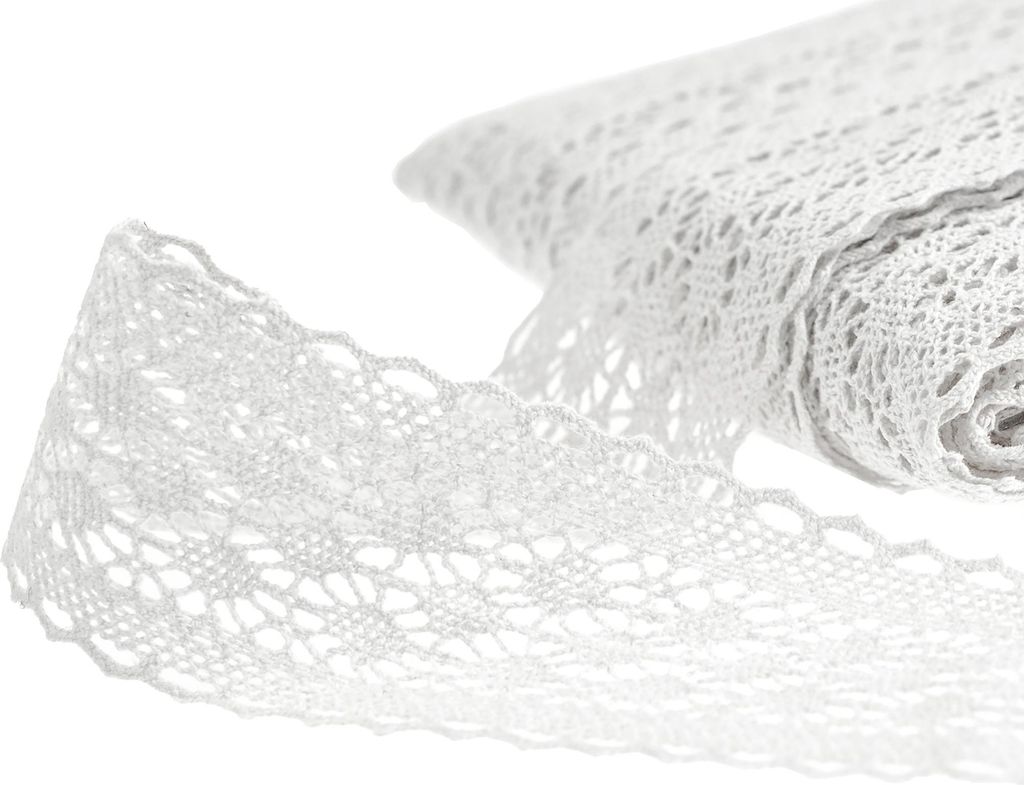 A roll of white lace trim is shown against a white background, with a section of the trim unrolled and draped in the foreground.