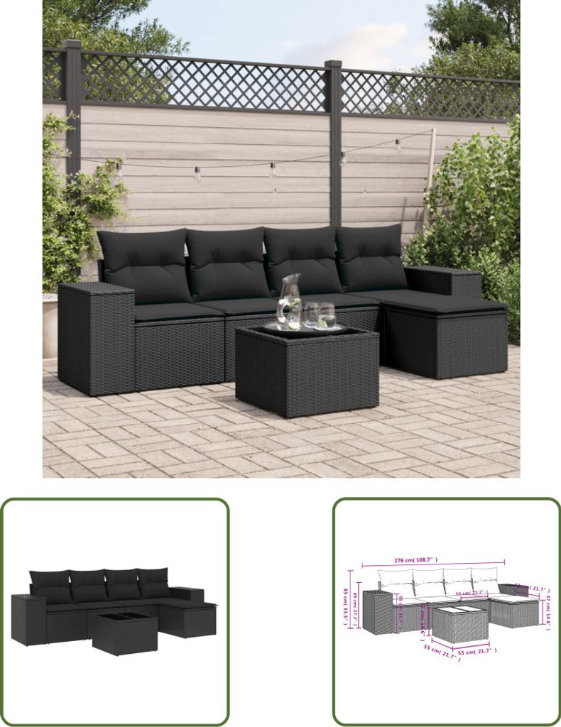 The Living Store 6-tlg. Garten-Sofagarnitur mit Kissen Schwarz Poly Rattan