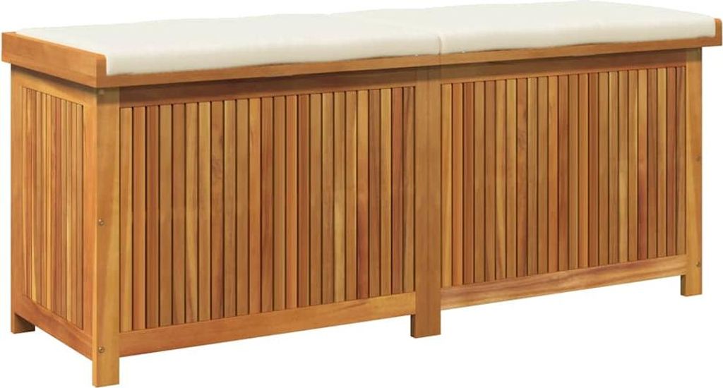 A wooden storage bench with a beige cushion on top, shown against a white background.