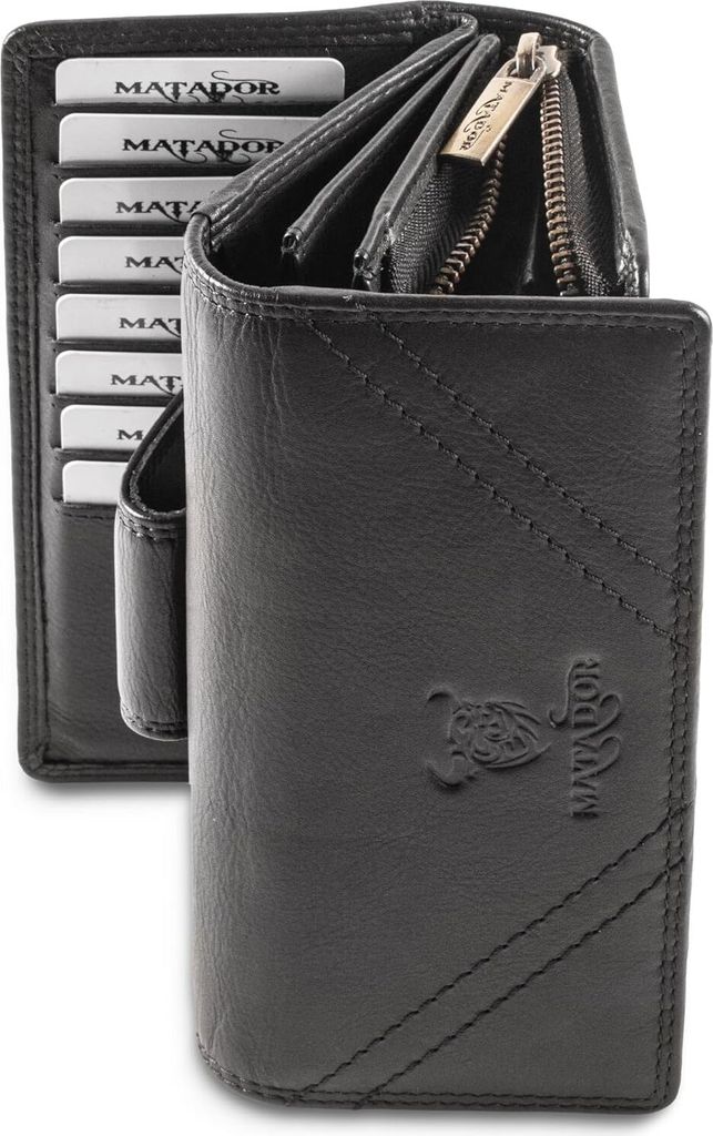 Leder Geldbeutel Geldbörse Damen Herren Groß Viele Fächer | Kartenetui Portemonnaie Geldtasche Frauen mit RFID NFC Schutz | Portmonee Nappa Schwarz