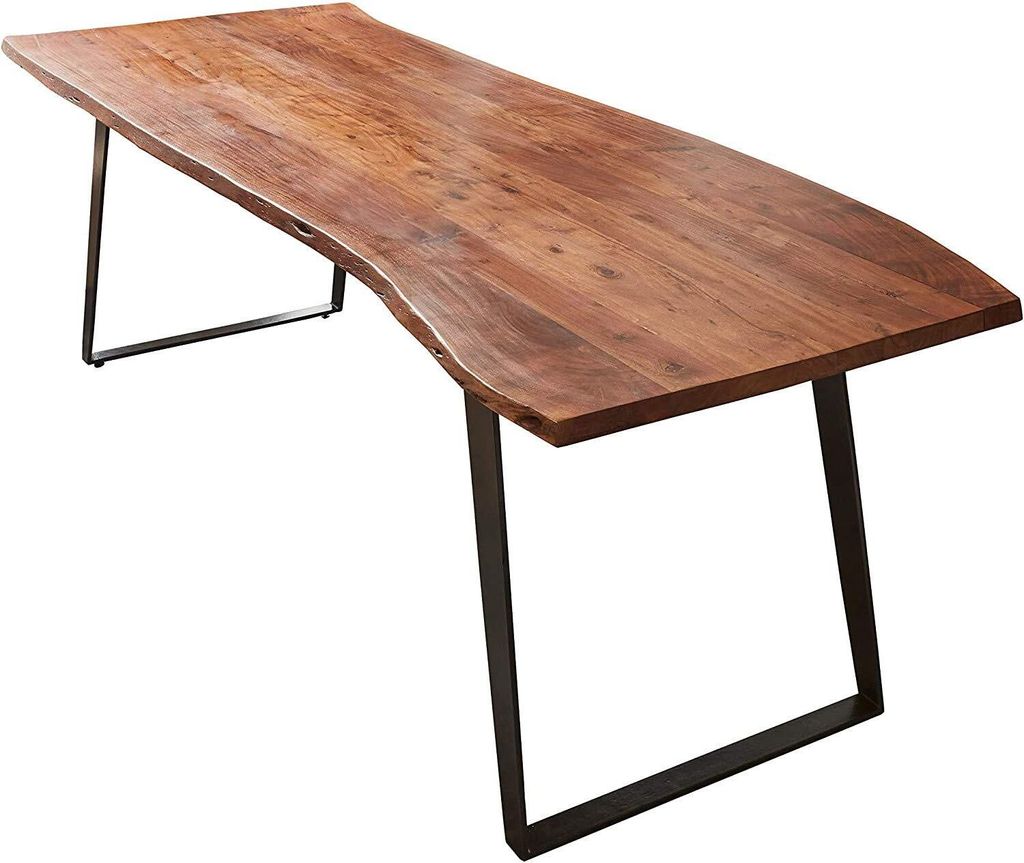 Esszimmertisch 220x100 cm Havanna, Baumkantentisch nussbaumfarben, Akazienholz massiv, schräges U-Gestell Metall schwarz