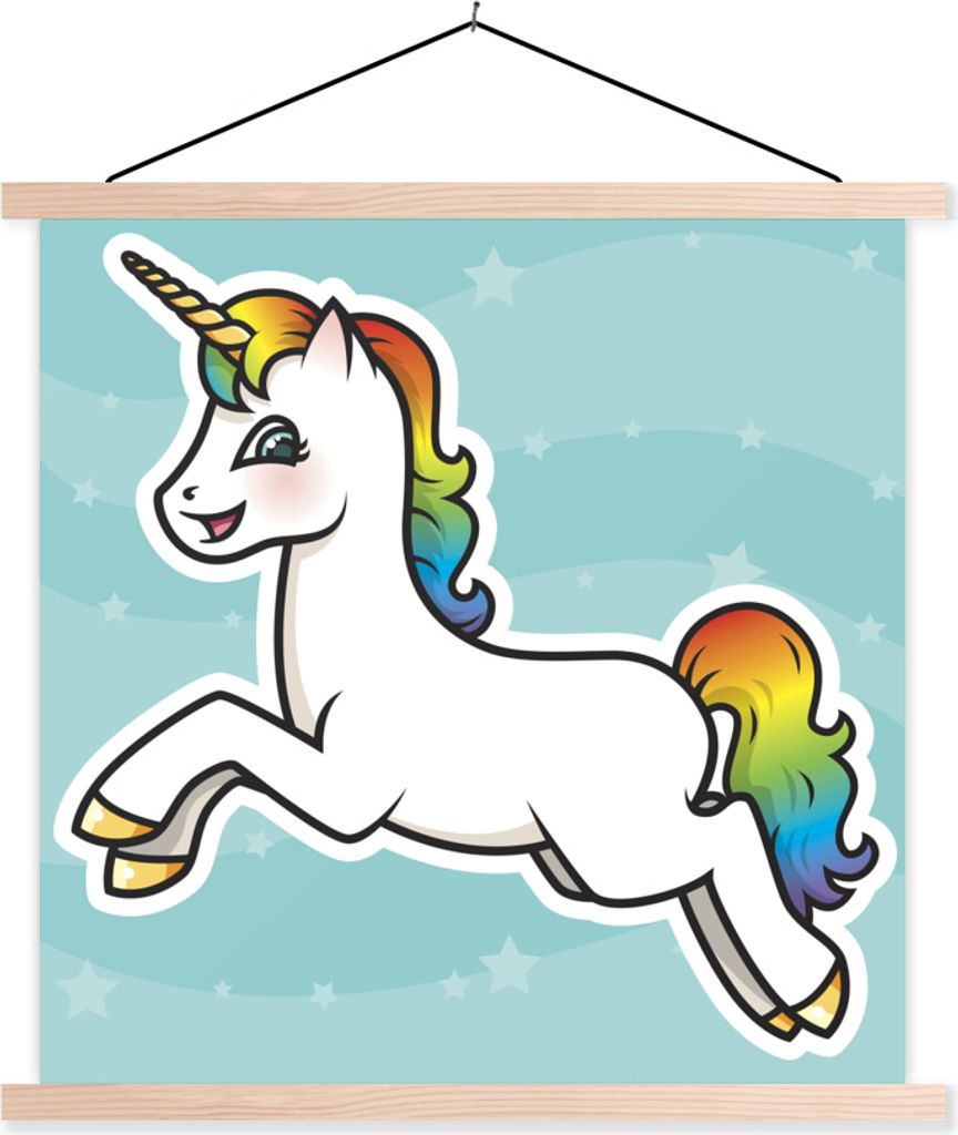MuchoWow Textilposter Eine Illustration eines springenden Einhorns - Mädchen - Kinder - Kinder 120x120 cm mit holzfarbenen Rahmen - Textil-Poster