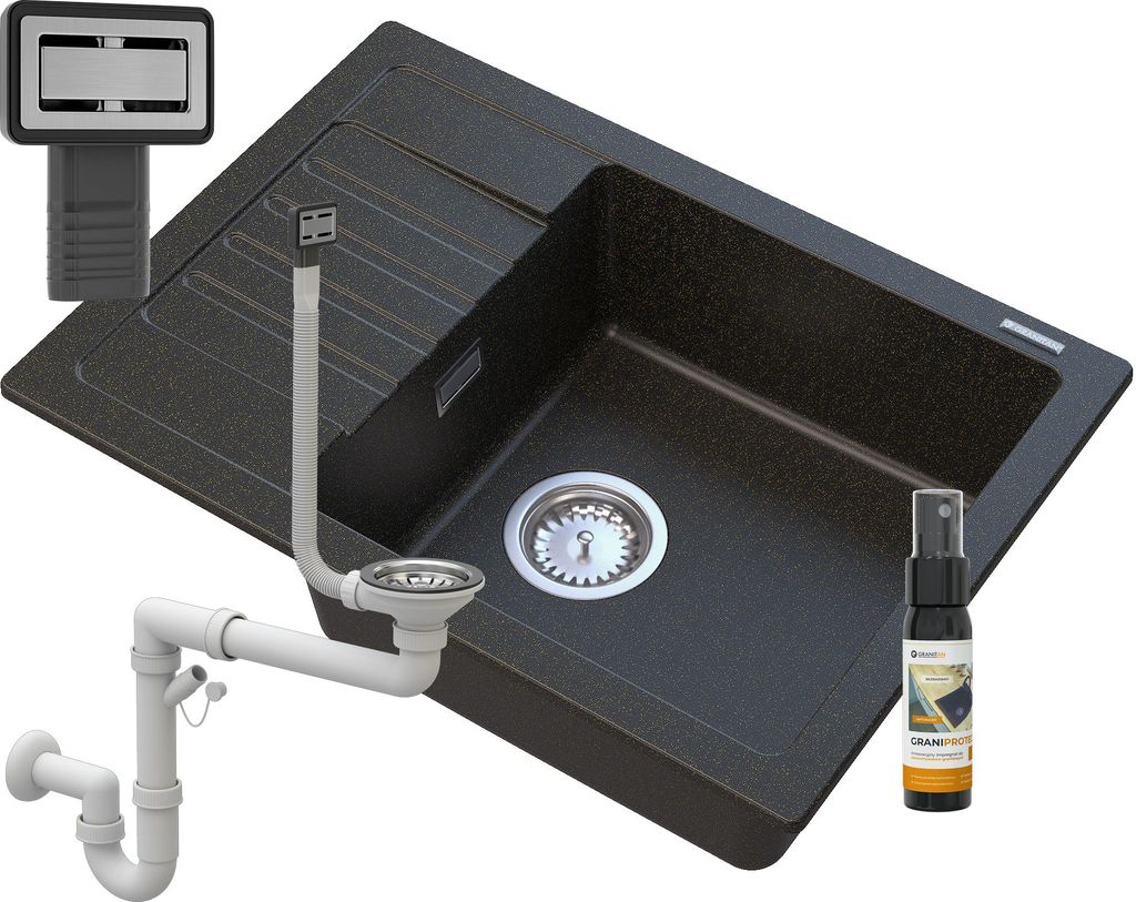 Granitan | Granitspüle ARGOS - Golden Line - Schwarz mit Goldsprenkeln - Inklusive Chrom-Syfon