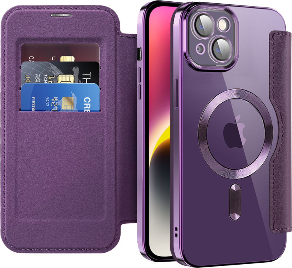 Klapphülle für iPhone 14 Plus Kompatibel mit Magsafe, Klar Überzug Kartenhalter Ledertasche mit Kameraschutz Lila