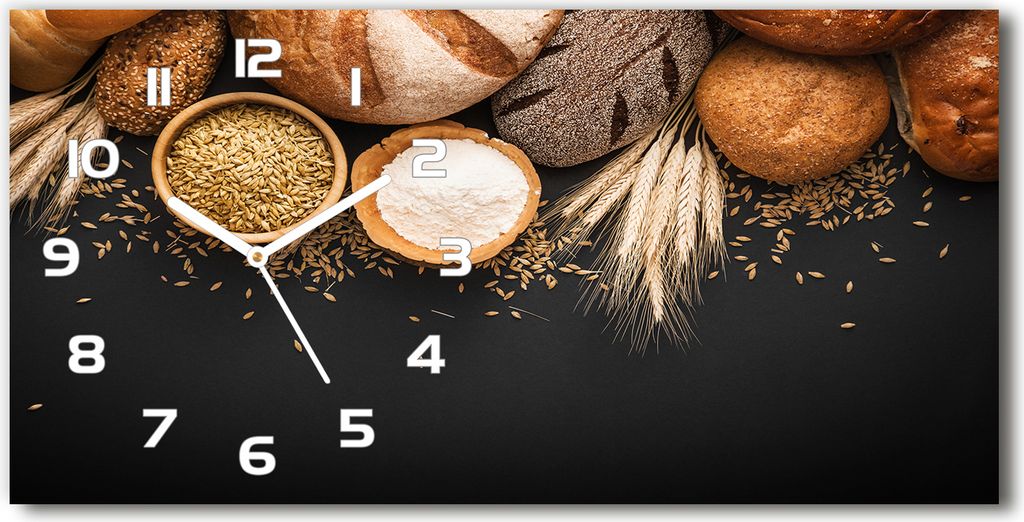 Wanduhr aus Glas – 60x30 cm - Glasbild - Glasuhr - Gehärtetes Glas - weisse-zeiger - Brot und Weizen