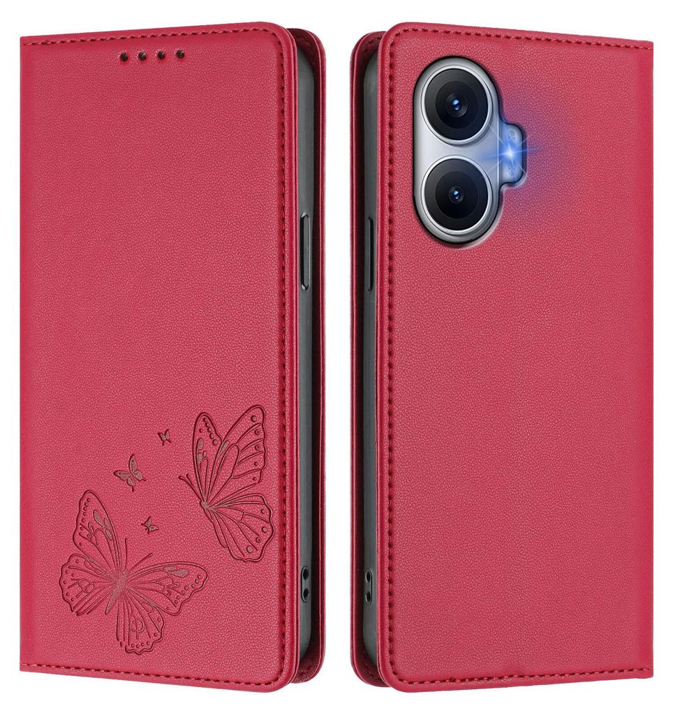 Lederhülle für Xiaomi Poco F7/Redmi Turbo 4 Pro, Schmetterling Prägung Leder Brieftasche Schutzhülle mit Ständer Rot