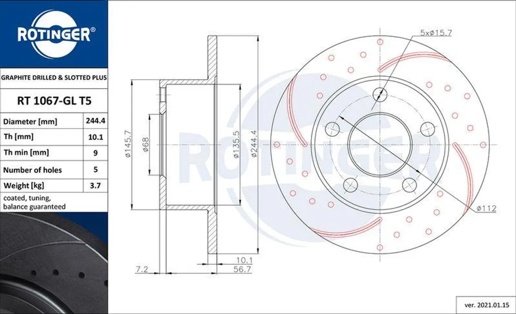 Disque de frein ROTINGER RT 1067-GL T5 pour Passat 3C et A6 4B