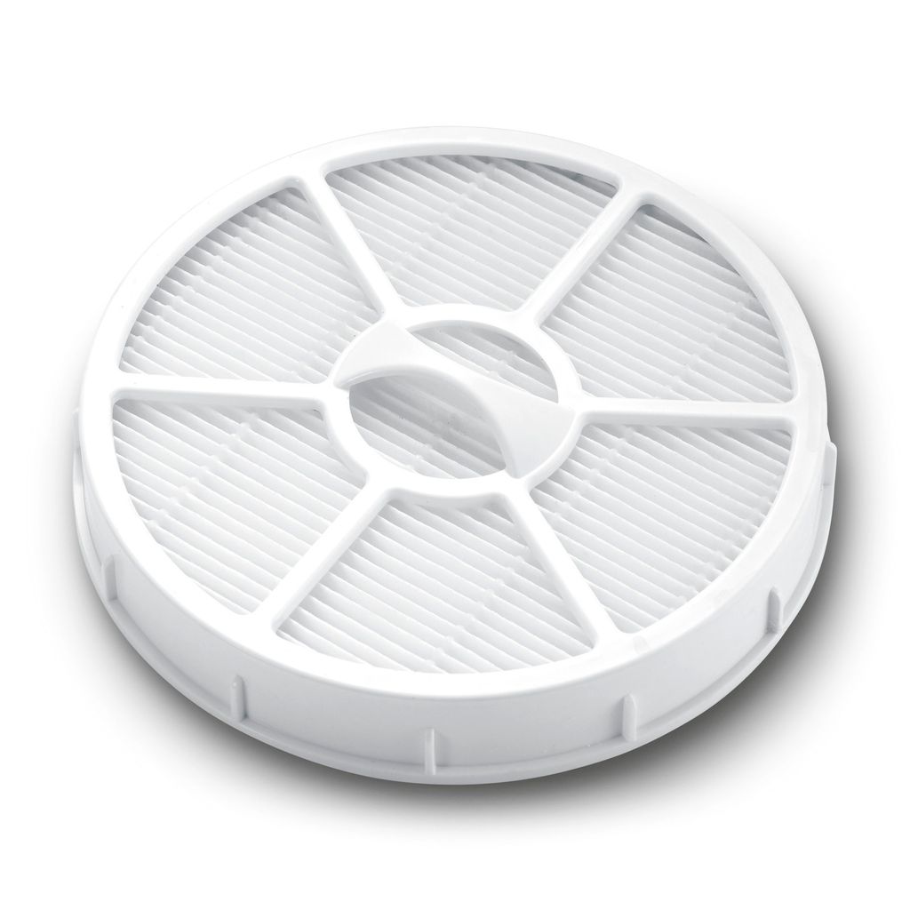 A white HEPA filter for a vacuum cleaner, shown from a top-down perspective on a white background.
