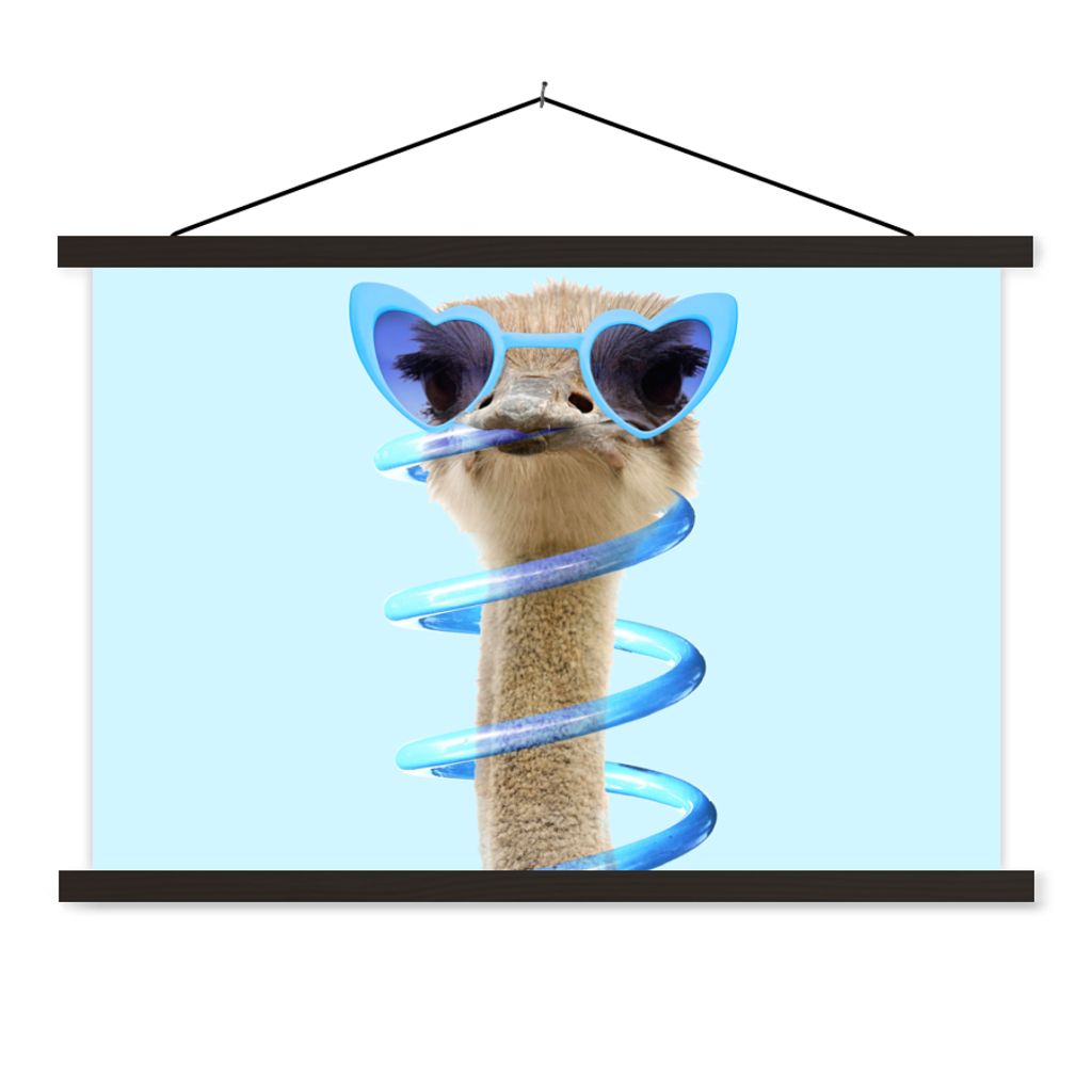 MuchoWow Textilposter Strauß - Sonnenbrille - Blau - Tiere 150x100 cm mit schwarzem Rahmen - Schlafzimmer
