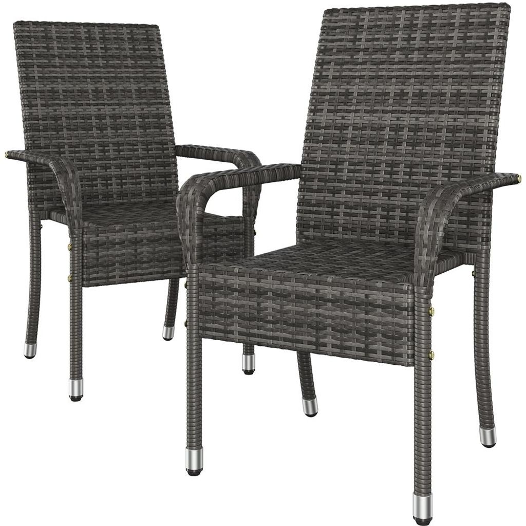 Yaheetech 2er Set Gartenstuhl aus Polyrattan, stapelbare Rattan-Stühle, mit Armlehnen & Rückenlehne, verstellbare Schutzfüße, Grau
