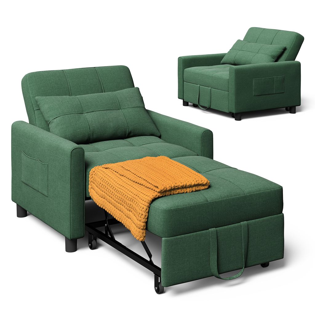 A green convertible chair bed with an orange throw blanket is shown in two views, one in the foreground and another in the background.