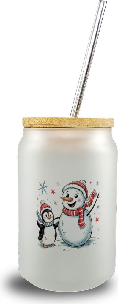 Schneemann und Pinguin mit Schneeflocken Trinkglas mit Bambusdeckel für