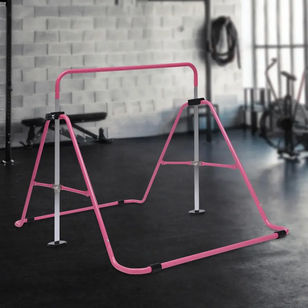 Barre horizontale de gym réglable en hauteur, acier robuste rose enfant