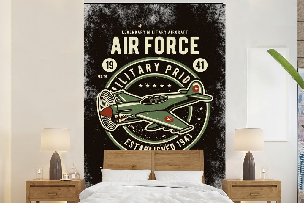 MuchoWow Fototapete für Wohnzimmer oder Schlafzimmer Wandtapete Vinyl Motivtapete Mancave - Flugzeug - Retro - Zitat - 180x280 cm - Wallpaper