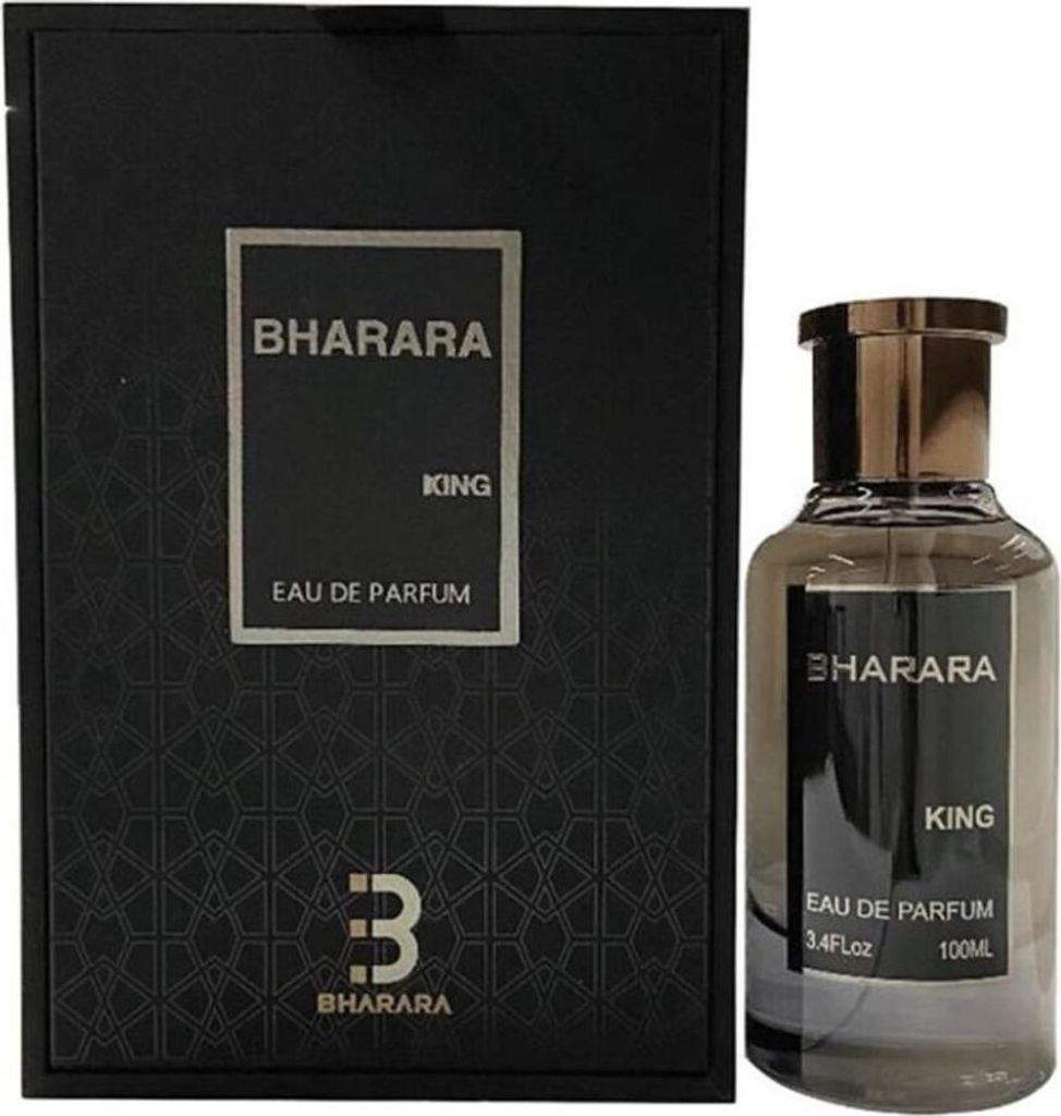 A perfume bottle and its packaging are displayed side-by-side against a white background.