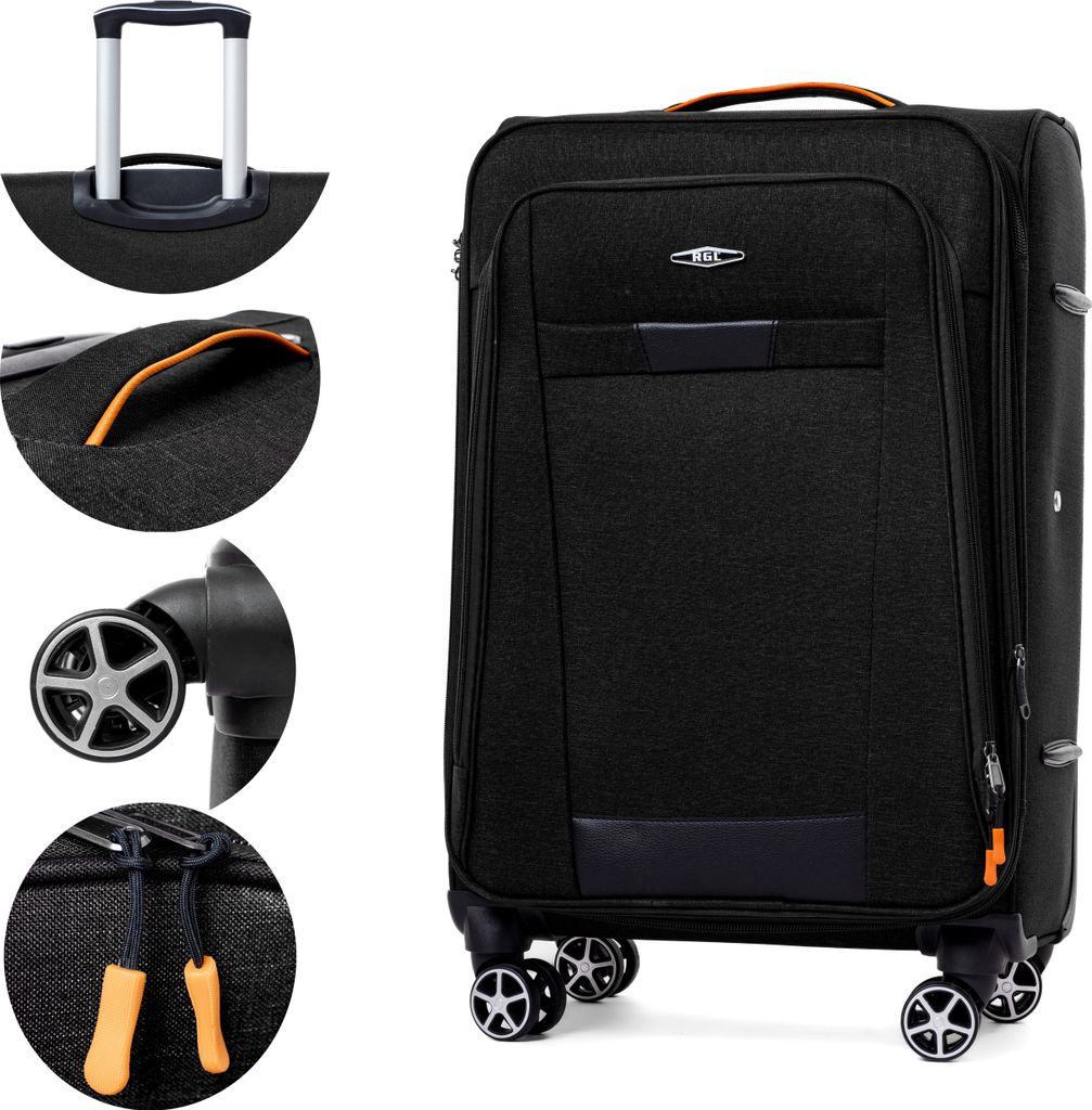 A collage of a black suitcase with close-up views of its handle, zipper pull, and wheel.
