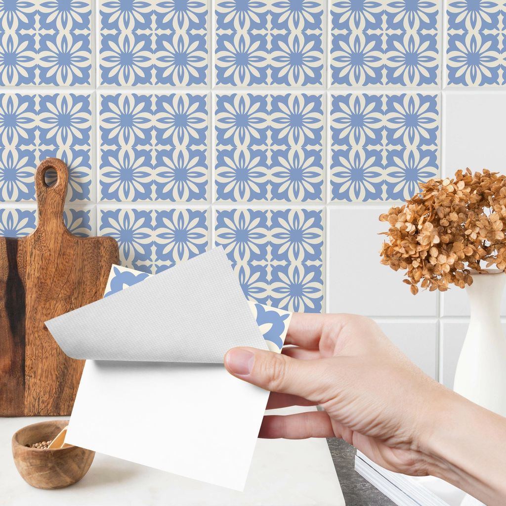 Fliesenaufkleber Klebefliesen Selbstklebende Fliesen für Küche Bad Möbel Schrank Wand Mosaikfliesen Küchenruckwand Blaue Ornamente Motiv Br. 90...