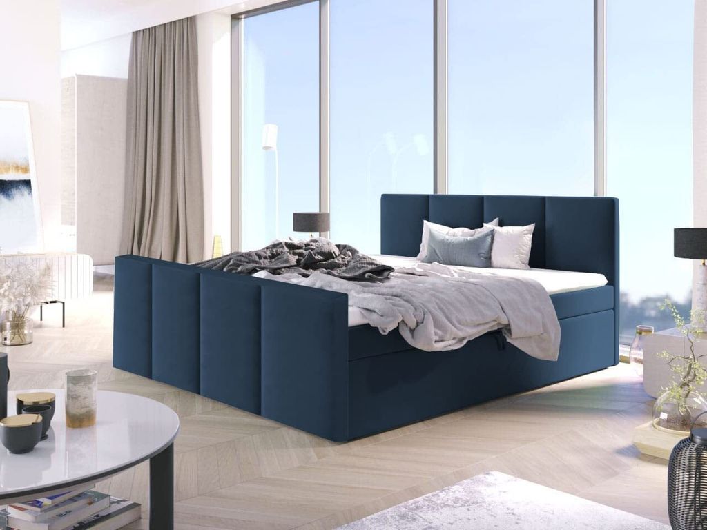 Bett, Boxspringbett STAR mit Fußteil, Bonell-Matratze, VISCO Topper, mit 2 Bettkästen, Doppelbett, Stauraum, 160x200 cm (Dunkelblau - Kronos 09)