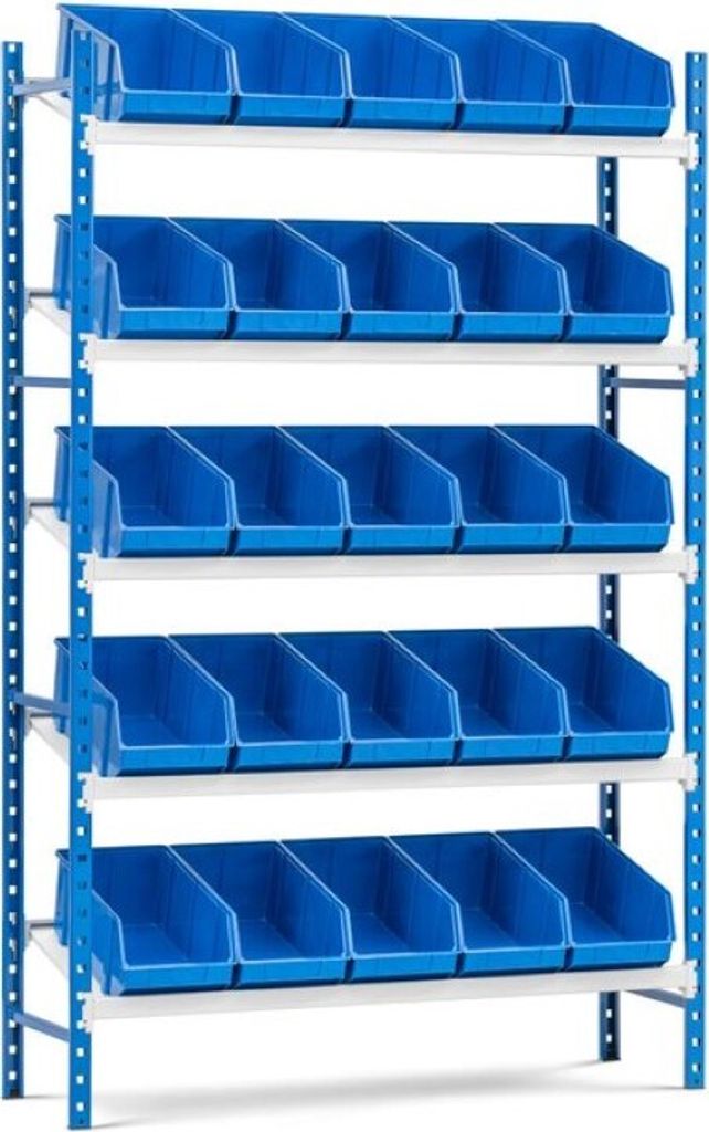 Schrägbodenregal MAXIMUS mit 25x Sichtlagerboxen à 15,3L | Fachlast 130kg | Grundregal | HxBxT 200x125x40cm | 5 Ebenen | Lichtblau/Lichtgrau