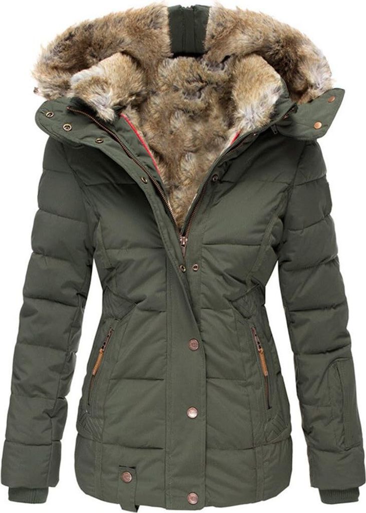 Damen Mantel Winterjacke Steppjacke mit Abnehmbarem Kapuzenmantel mit Reißverschluss Softshelljacke Fell Kragen Trenchcoat