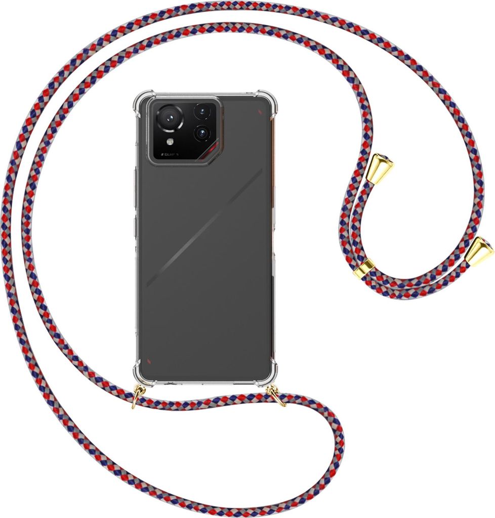 Handykette Backcover-Schutzhülle mit Band (Metall goldfarben) für ASUS ROG Phone 9 - silber/blau/rot