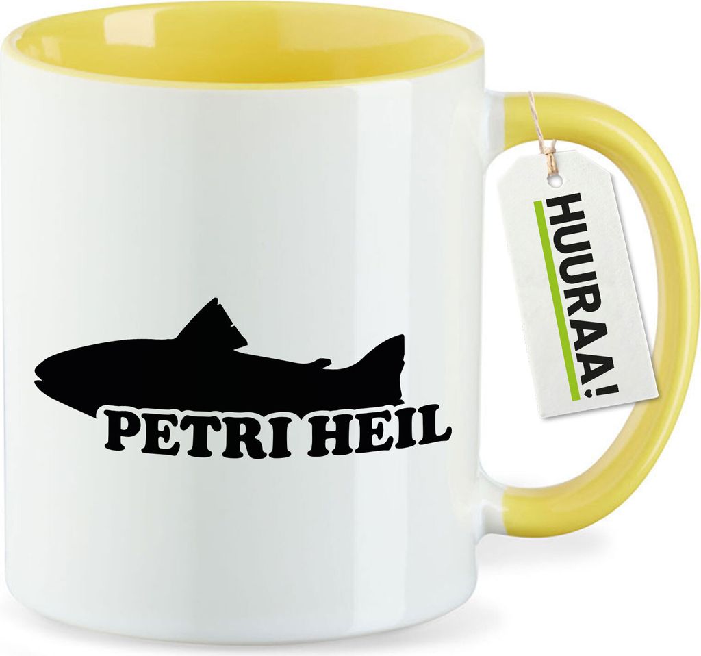 Huuraa Kaffeetasse Petri Heil Fischergruß 330ml Gelb Keramik Kaffeebecher Geschenkidee