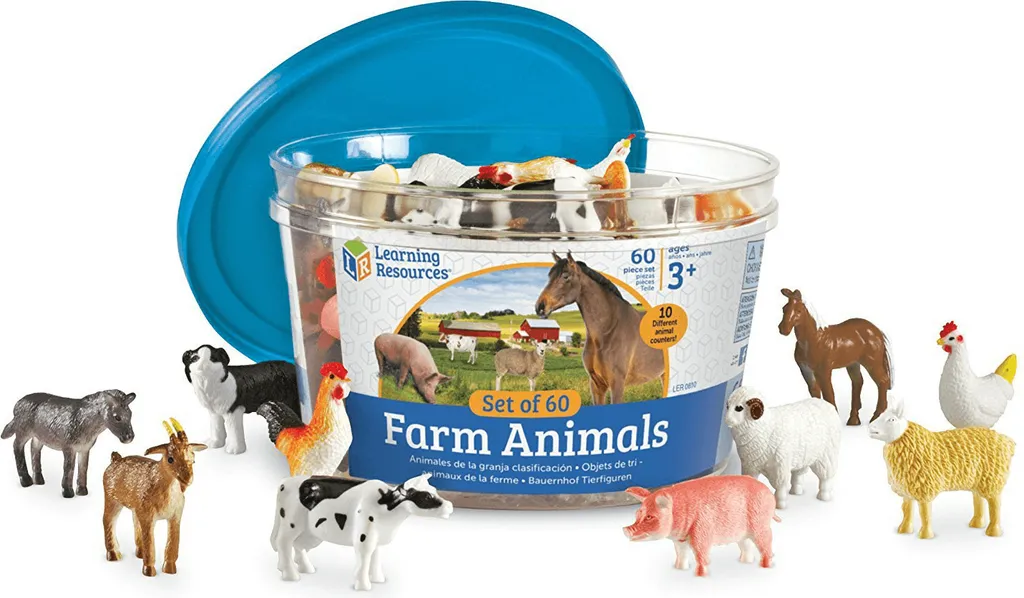 Lot de 60 jouets animaux de la ferme pour enfant en seau de rangement