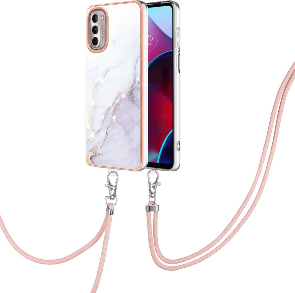 Handykette Hülle für Motorola Moto G Stylus 2022 4G Muster TPU Schutzhülle mit verstellbarem Tragegurt Weiß