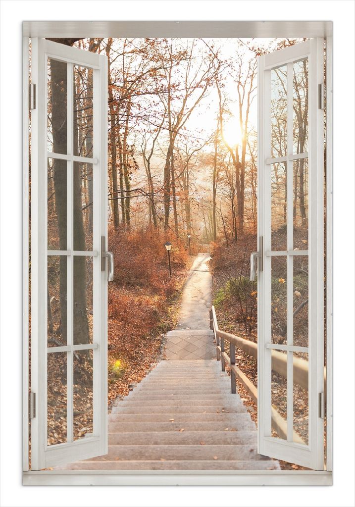 Wallario Wandbild mit Fenster-Illusion: Weg in den Sonnenuntergang, Größe: 61 x 91,5 cm, Poster mit rahmenlosen Bildhalter