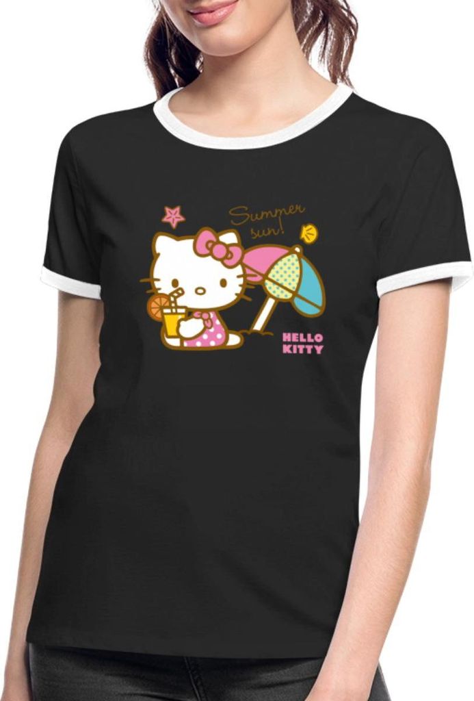 Spreadshirt Hello Kitty Am Strand Summer Sun Frauen Kontrast T-Shirt, XL, Schwarz/Weiß