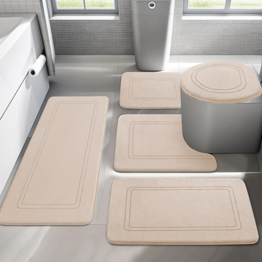 Tapis de bain moelleux mémoire de forme antidérapant lot de 5 pièces beige