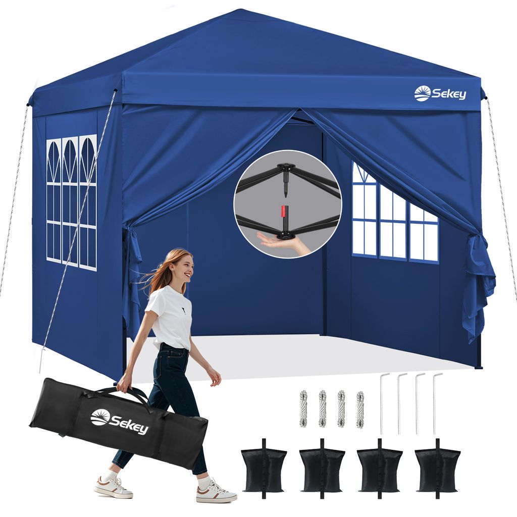 Sekey Faltpavillon 3x3 mit 4 Seitenwänden und mit 4 Sandsäcke, Wasserdicht Pop Up Pavillon für Camping, Festival, Events, Picknicks, Dunkelblau