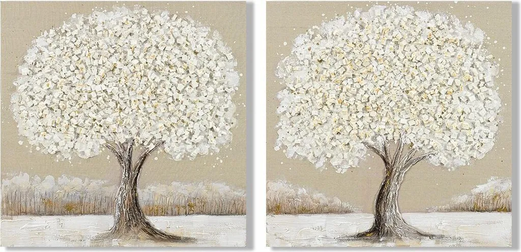 Tableau Arbre Blanc Beige 102x102 cm pour Salon Moderne - Set de 2 Pièces